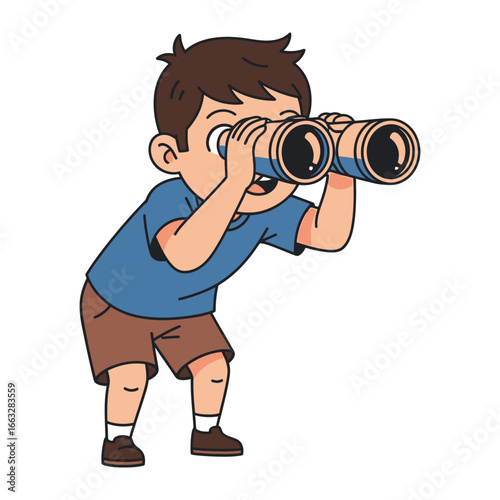 Young Explorer: An illustration of a curious young boy peering through a pair of binoculars, his eyes sparkling with wonder, ready to uncover the secrets of the world