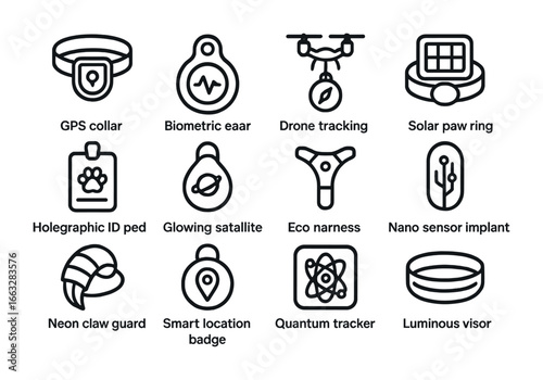 Futuristic Wildlife Tracker Icons. Outline icon set of futuristic wildlife tracking fashion: GPS collar,