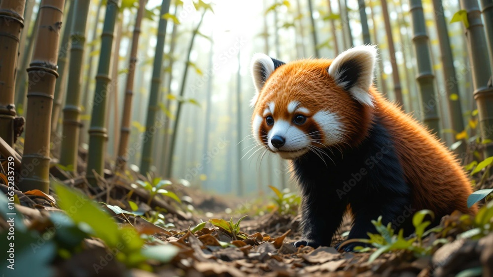 Fototapeta premium Red Panda in Misty Bamboo Forest
