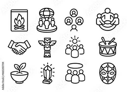 Future Ritual Icons. Outline icon set of community future rituals: digital bonfire, shared hologram circle,