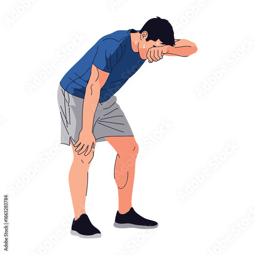 Exhausted Athlete: A fatigued athlete rests, hand on head, a moment of reflection, embodying the physical exertion, training, endurance.
