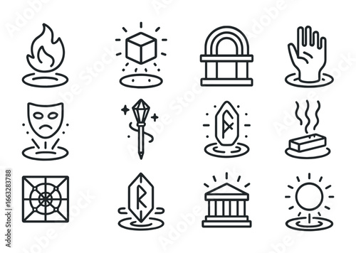 Holographic Ritual Icons. Outline icon set of holographic rituals: hologram flame, glowing cube, rainbow altar