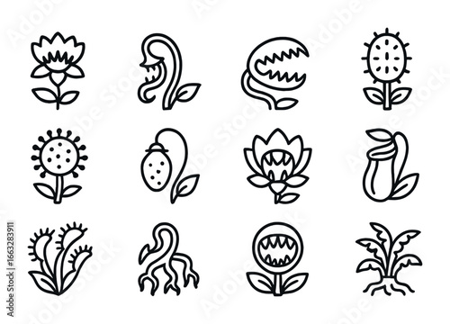 Carnivorous Flora Icons. Outline icon set of carnivorous flora: snapping flower, jaw vine, trap leaf, spiked