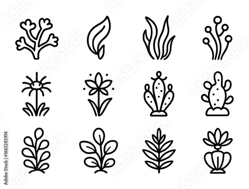 Aquatic Plant Icons. Outline icon set of aquatic parallel plants: coral blossom, wave leaf, kelp vine, bubble