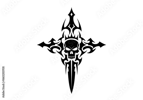 Tribal Skull Cross Dagger Tattoo Design