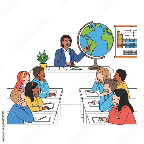 A teacher points at a globe, explaining geography to a class of attentive students in a classroom.