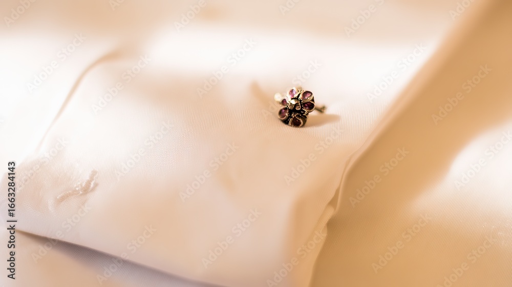 Obraz premium White shirt with black-red-gold lapel pin, shallow focus on blurred Brandenburg Gate in morning light.