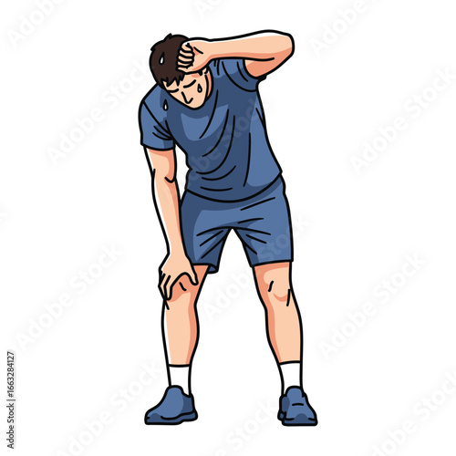 Exhaustion and Defeat: A solitary figure in sportswear, overcome by the strain, leans in a moment of rest, head in hand. the image captures a moment of frustration and potential health issues.