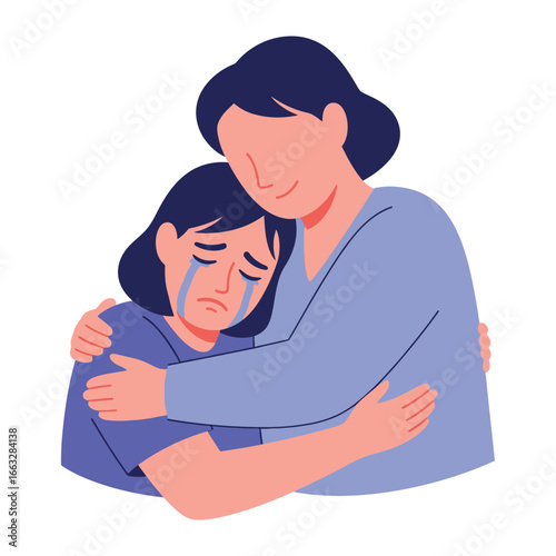 Embracing Comfort: A heartwarming illustration of a mother and daughter sharing a tender embrace, expressing solace and support, a depiction of empathy and connection.