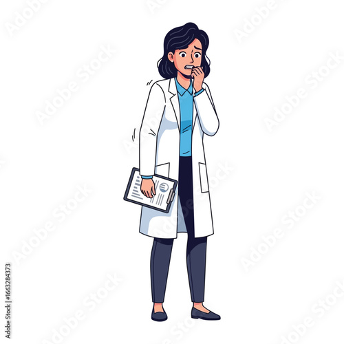 Doctor’s Stress: A medical professional, captured in a full-body illustration, appears stressed and overwhelmed, clutching a clipboard.