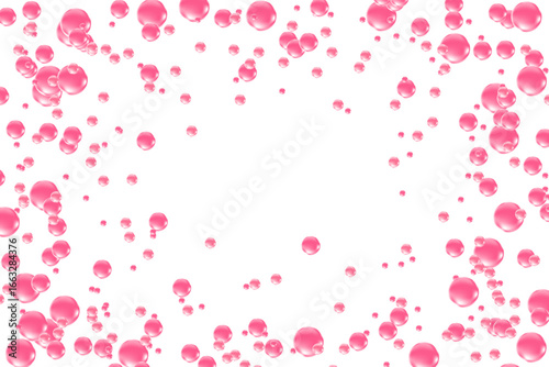 Cute pink glowing scattered particles isolated on transparent background. Cute iridescent round dots decoration, carbonated water fizz, floating soda bubbles splash.