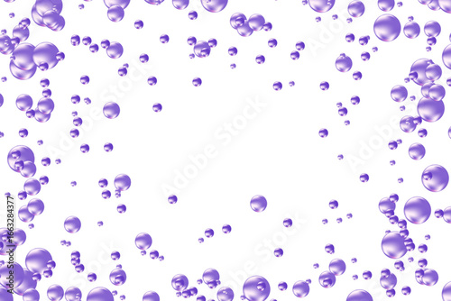 Cute purple glowing scattered particles isolated on transparent background. Cute iridescent round dots decoration, carbonated water fizz, floating soda bubbles splash.