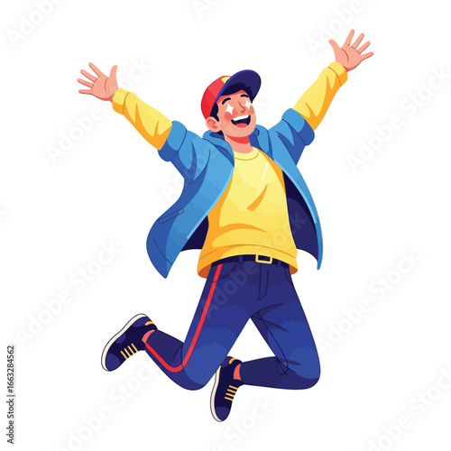 Joyful Leap: Capturing the Pure Bliss of Freedom. A vivacious young man soars through the air, a symbol of youthful energy and exuberance.