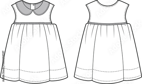 Baby dress with Peter Pan collar, sleeveless infant clothing, gathered skirt design, toddler outfit, children’s wear, classic style, soft fabric, summer fashion, CAD drawing, flat vector illustration