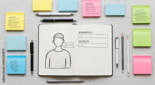 Persona Sketch in Open Notebook with Colorful Sticky Notes