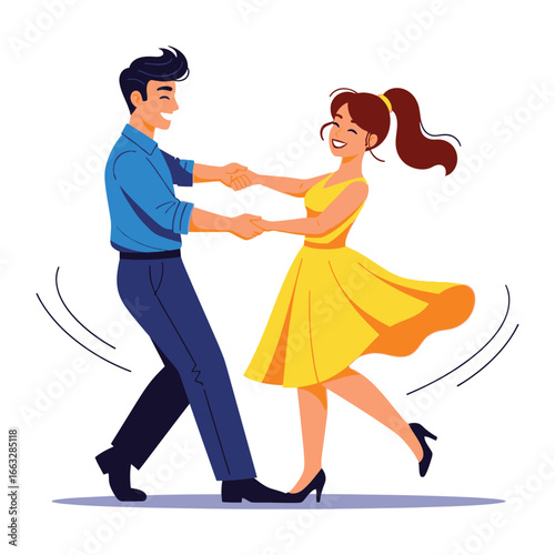 Dance of Joy: A vibrant illustration captures a lively couple in mid-dance, their smiles mirroring the rhythm and energy of the moment. Their playful dance reflects carefree joy and connection.