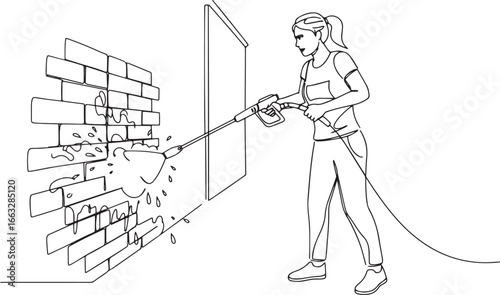 Continuous line drawing of woman power washing a brick wall, mai