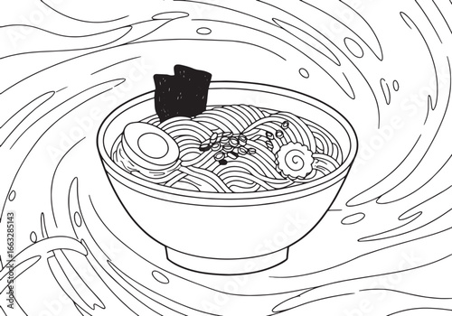 Elegant monochrome illustration of ramen bowl amidst swirling wa