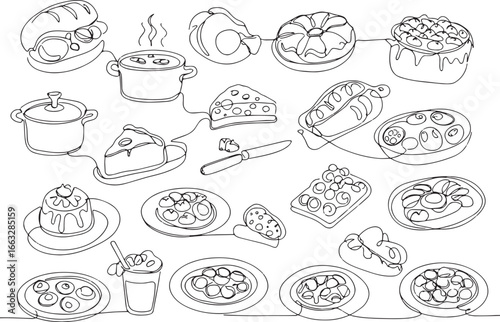 Continuous line drawing of assorted culinary dishes and food pre