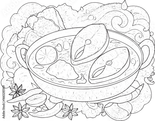 Intricate coloring page showcasing a Malabar fish curry with orn