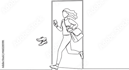 Woman hastily departing, juggling phone, coffee, bag and discard
