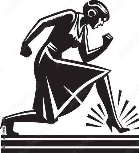 Silhouette of a determined woman in a vintage dress striving forward with energy and focus