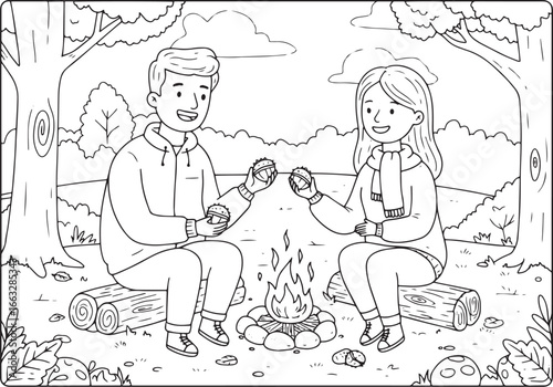 Whimsical illustration of a couple roasting chestnuts over campf