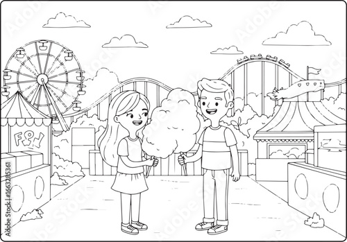 Charming Cartoon Illustration of a Couple Enjoying Cotton Candy