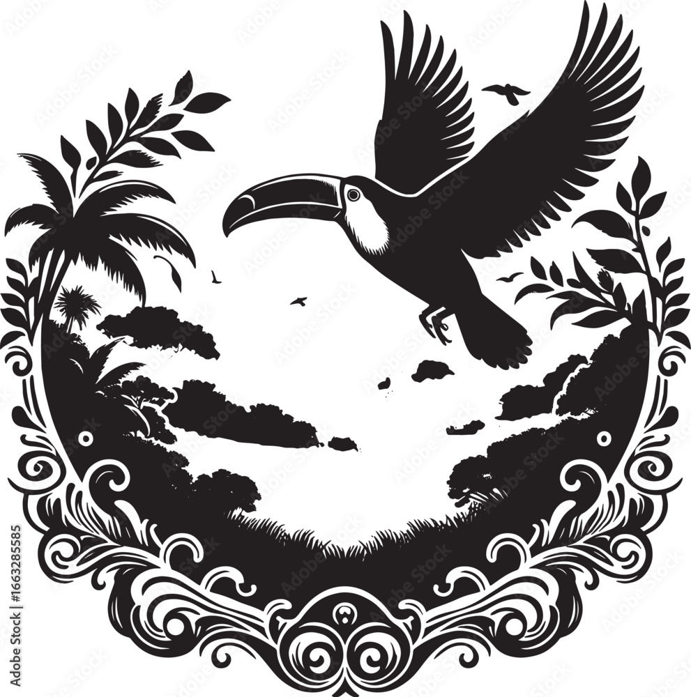 Obraz premium Silhouette of a toucan bird in flight over a tropical landscape framed by decorative elements