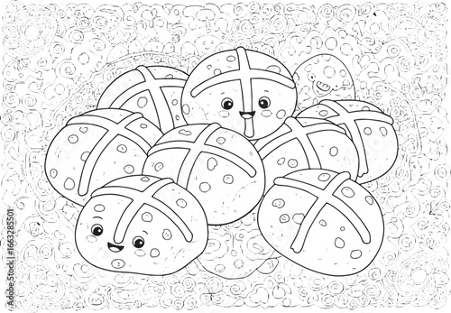 A playful illustration of cartoon hot cross buns nestled in a do