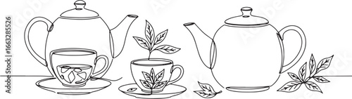 Elegant tea time illustration showcasing teapots and cups in lin