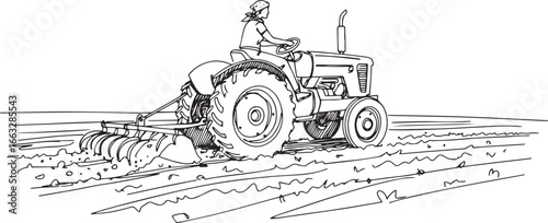 Monochrome depiction of a woman driving tractor on agricultural