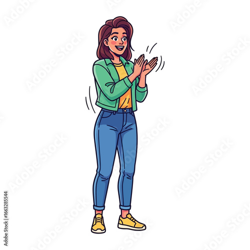 Energetic Appreciation: A vibrant illustration depicts a young woman in a green jacket, cheerfully clapping with contagious enthusiasm and demonstrating approval.