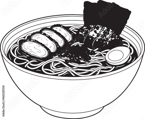 Delightful Tonkatsu Ramen Bowl Illustration with Seaweed and Egg