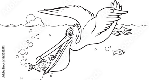 Cartoon coloring page of a happy pelican catching a fish in the