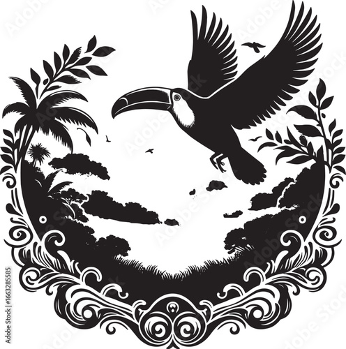 Silhouette of a toucan bird in flight over a tropical landscape framed by decorative elements