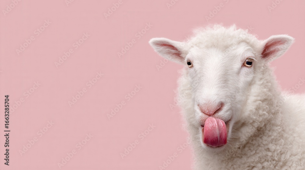 Fototapeta premium Playful sheep sticking out tongue against soft pink background