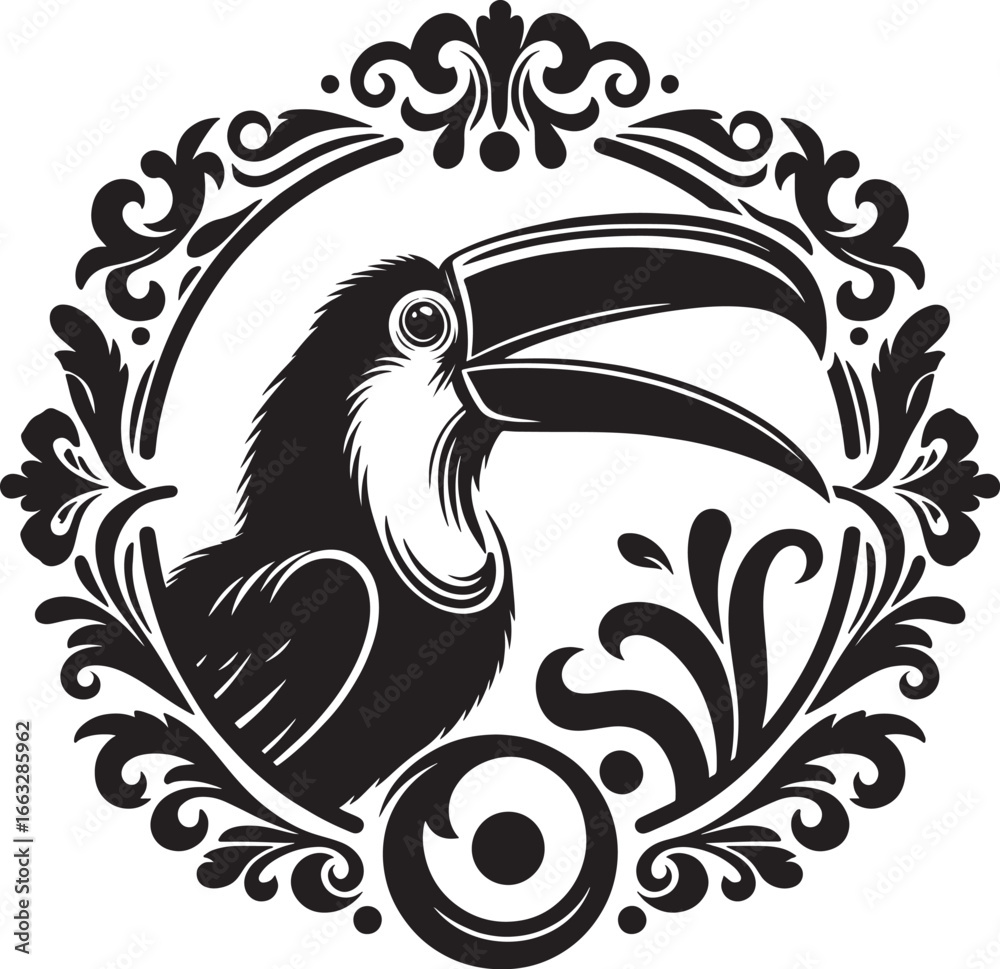 Naklejka premium Elegant Black and White Toucan Bird Design in Ornate Decorative Floral Frame