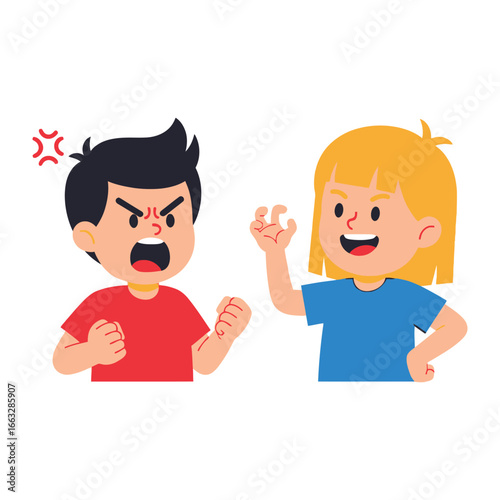 Animated Discord: A pair of cartoon kids with expressive faces engaging in a disagreement, featuring an illustrative style that focuses on emotion and interpersonal dynamics.