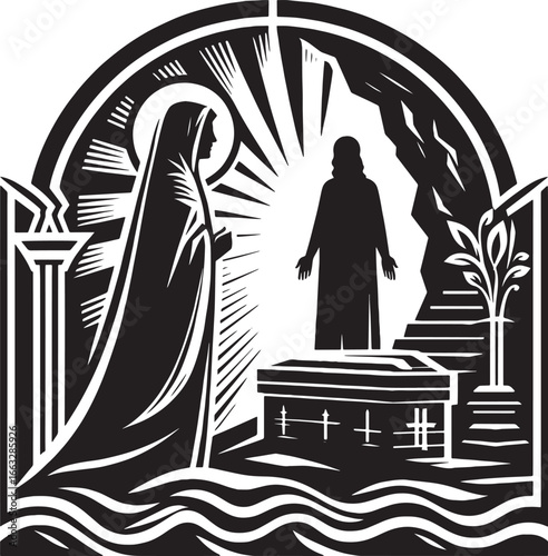 Religious depiction of the resurrection of Jesus Christ with Mary and the empty tomb in a graphic