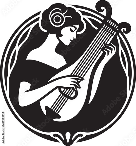 Elegant Black and White Illustration of a Woman Playing a Lute in a Decorative Frame Design