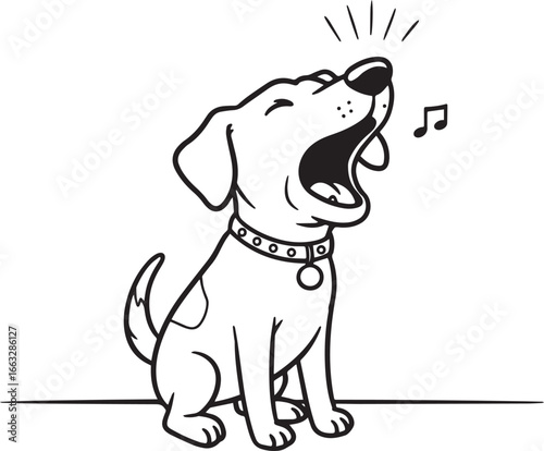 Cartoon illustration of a singing dog with musical notes, black