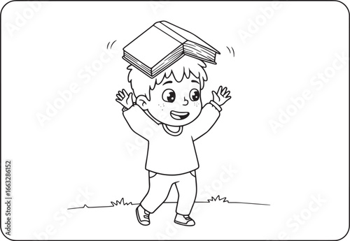Whimsical line art depicting a boy balancing a book on his head