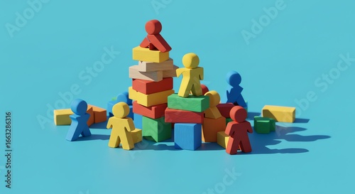 A diverse community of abstract people working together to build a colorful structure, representing collaboration and social development