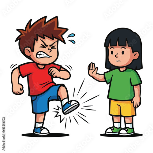 Stop Violence: In this scene, a child tries to kick the other person. But another person gives a stop signal to stop the aggression.