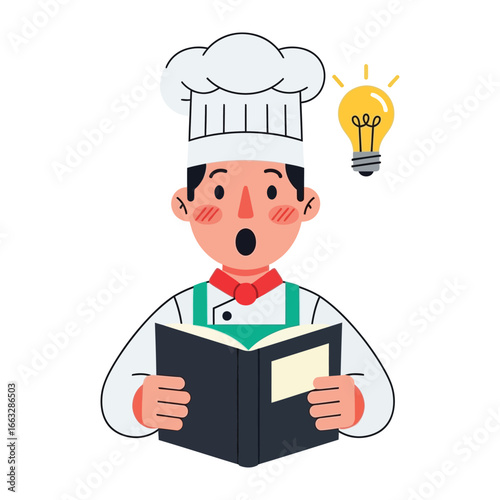 Culinary Inspiration: A cartoon chef discovers a bright idea, clutching a cookbook in a moment of creative inspiration, set against a bright background.