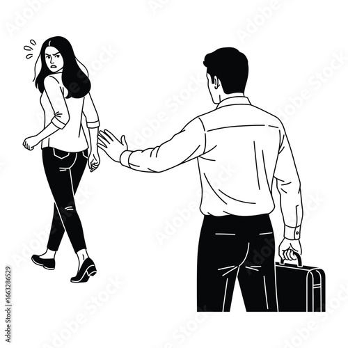 The Breakup: A black and white line art captures a poignant moment of separation as one figure walks away while another attempts to impede the exit. The art style enhances the emotional narrative