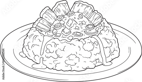 Detailed line art illustration of Mofongo, showcasing puerto ric