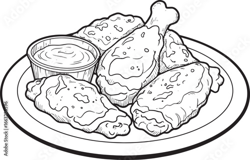 Monochrome depiction of crispy chicken wings with a sauce, a cul