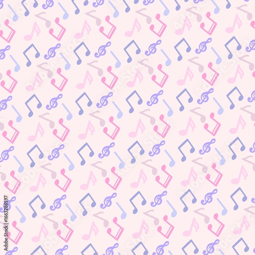 Seamless music note pattern in bubblegum bliss pastel color palette. Cute and playful design featuring musical symbols and notes with soft pastel tones.
